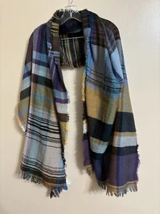 Maurice’s Scarf Wrap Fall Brown Purple Blue Gold Plaid Fringed Polyester Acrylic - Picture 1 of 7