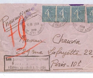 FRANCE Cover *PNEUMATIC POST* Paris RUE STe ANNE 1938 CDS 2f Rate {samwells}YQ26 - Picture 1 of 14