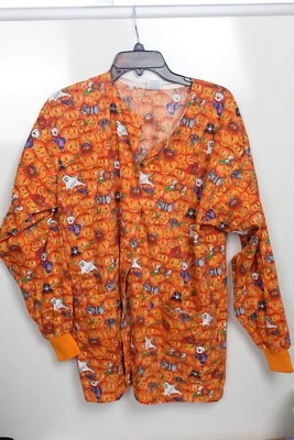 Tafford Halloween Lab Coat Pumpkin Ghosts Snap Front Size M - Image 1 of 3