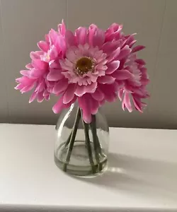 Faux GERBERA FLOWER Arrangement in Clear GLASS VASE PINK YELLOW GREEN PRETTY! - Picture 1 of 4