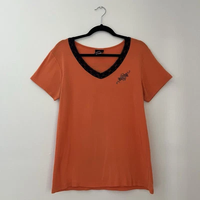 Camiseta top Harley Davidson naranja con ribete de encaje para mujer XL Little River 2005 cuello en V Foto 1 de 4