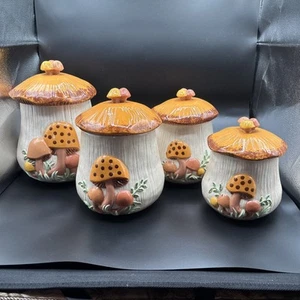 Vintage 1970s Arnel’s Mushroom 4 Canister Set + Lids - Brown Yellow Green Glossy - Picture 1 of 20