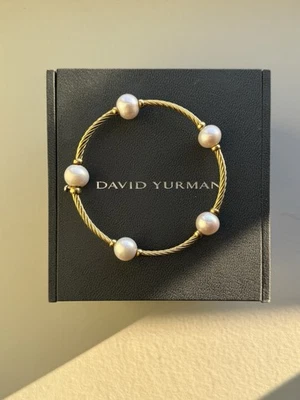 David Yurman 18k Yellow Gold Round Bangle Bracelet with Cable and Pearl Stations - Image 1 of 4