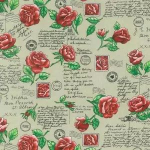 Fat Quarter Sent With Love 100% Cotton Quilting Fabric Love Letters Red Roses - Picture 1 of 1