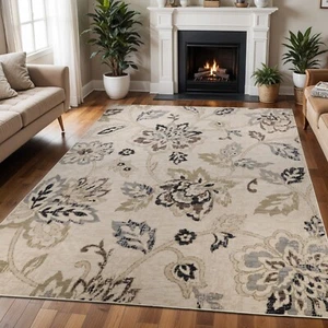 Jacobean Floral Modern Farmhouse Washable Indoor Area Rugs or Runner Rug - Picture 1 of 29