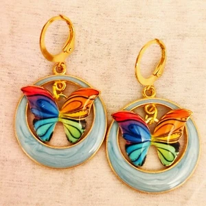 ARTISAN HANDMADE ENAMELED HOOPS WITH ENAMELED BUTTERFLIES DROPS EARRINGS - Picture 1 of 3