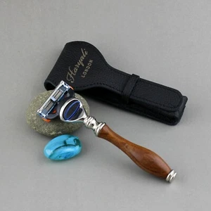 5 Edge Fusion Shaving Razor with Leather Safe Pouch Men's Wooden Handle Razor - Picture 1 of 8