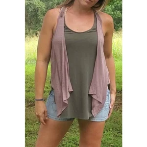 Self Esteem embroidered open knit raceback handkerchief vest taupe tan small - Picture 1 of 3