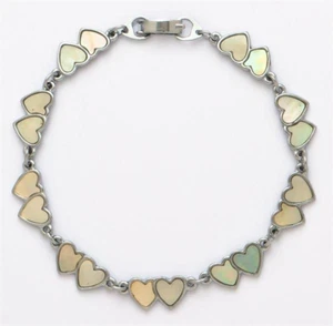 Genuine Mother Of Pearl Bracelet  7" Long  Double  Heart Design - Picture 1 of 1