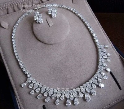 18k White Gold Plated made w Swarovski Crystal Bridal Necklace Earrings Gift Set - Image 1 of 4