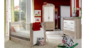 Babyzimmer Emily 3-tlg. Eiche sägerau weiß Wickelkommode Kleiderschrank Bett - Bild 1 von 9