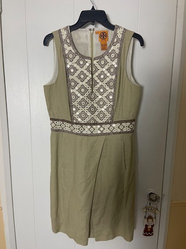 Abito Tory Burch Tg 6 Small 100% Lino Cambio Beige con Ricami e Paillettes