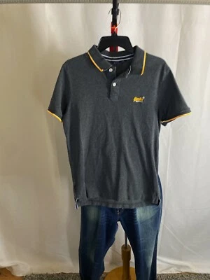 Superdry Gray Yellow embroidered POLO SHIRT XL Slim Extra Large Length 30  - Image 1 of 4