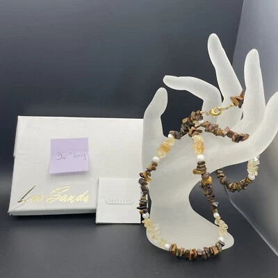 Vintage Lee Sands TIGEREYE / CITRINE / PEARL Long Necklace 36” Long New In Box - Image 1 of 4