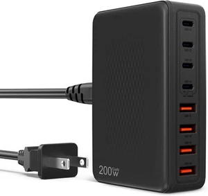 Bloc Chargeur USB C 200W - Mise à niveau GaN III 8 Ports - Station de Charge Rapide Noir - Photo 1 sur 7