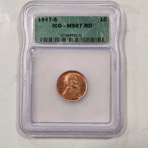 1947-S 1c ICG MS67 RD Lincoln Wheat Penny Cent Coin Red - Picture 1 of 3