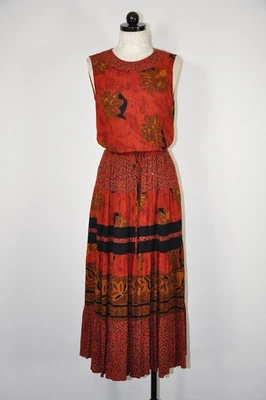 Vestido midi vintage años 90 rojo óxido rayón otoño estampado de hojas sin mangas para mujer S M Foto 1 de 4