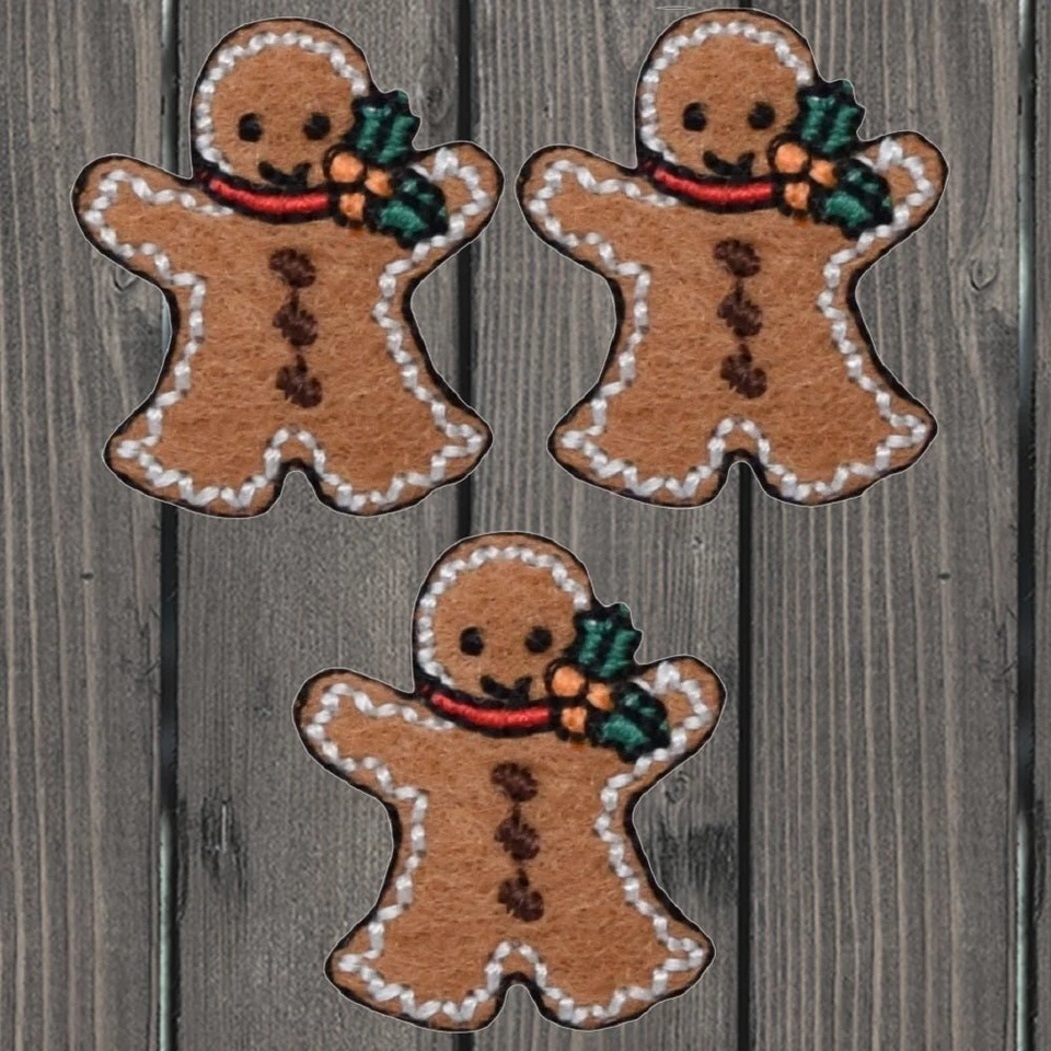 Gingerbread Man & Holly Embroidered Christmas Patch — 3-Pack — Iron On - Image 1 of 1