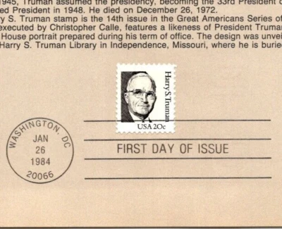 USPS FDC First Day Cover Harry S. Truman $0.20 Regular Stamp Scott #1862 - Image 1 of 2