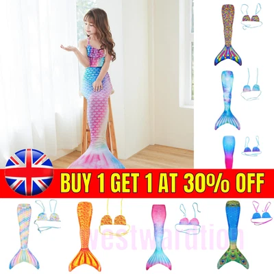 Kids Swimmable Mermaid Tail Set Swimming Costumes Cospaly Bathing Suit Beachwear