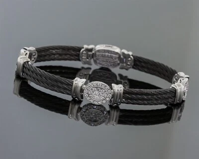 Philippe Charriol Pave Diamond Station Bracelet 18K White Gold Black Steel Cable - Image 1 of 4