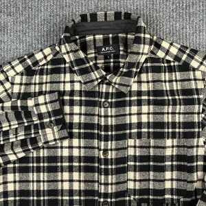 APC Flannel Shirt Small Black Cream Plaid Wool Twill Overshirt Cabincore Grunge - Picture 1 of 12