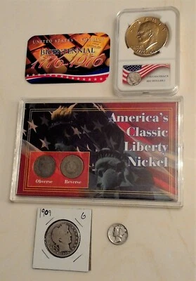 Eisenhower Coin Gold 24K 1976 Bicentennial 1 Dollar plus 1909 Barber Half $, etc - Image 1 of 4