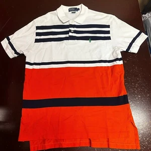 Polo Ralph Lauren Mens White Orange Striped Short Sleeve Polo Shirt Size Large - Picture 1 of 3