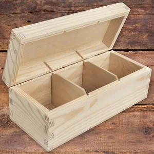 Three Compartments Wooden Box with Lid | Plain Pine to Decorate | Tea Storage - Picture 1 of 7