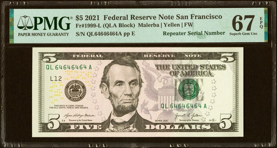 2021 $5 FRN Fancy Super Repeater Serial Number 64646464 PMG GEM 67 EPQ - Image 1 of 2