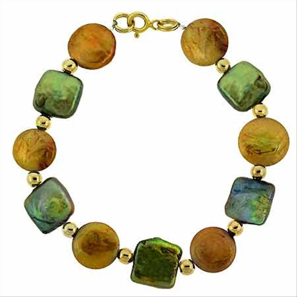 18K Gold over Silver Brown & Green Freshwater Cultured Coin Pearls Bracelet, 7" - Image 1 of 1