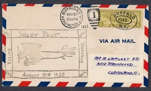 USA 1933 Wiley Post Visits Buffalo Hand-Drawn Cachet Airmail Cover to Cleveland - Picture 1 of 2