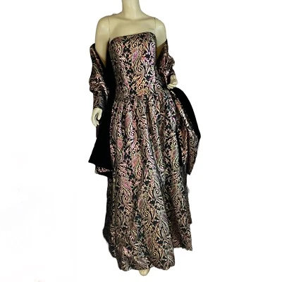 WOMEN'S VINTAGE 1980'S VICTOR COSTA PINK BLACK & GOLD FORMAL W/SHAWL DRESS SZ 8 - Image 1 of 4