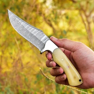 Hand Forged Damascus Handmade Hunting Knife, Bone Handle With Leather Sheath - Picture 1 of 9