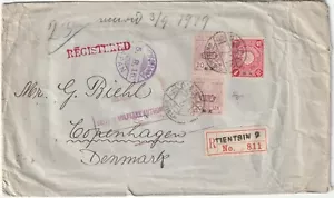 CORREO JAPONÉS EN CHINA: Cubierta registrada Tientsin a Dinamarca 1919. Arr.canc. - Imagen 1 de 2