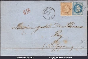 FRANCE N°28+29 SUR LETTRE POUR LA BELGIQUE GC 2341 MEURSAULT + CAD DU 17/10/1869 - Picture 1 of 2