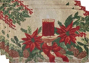 Set of 3 Tapestry Placemats,13"x19", CHRISTMAS POINSETTIA FLOWERS & CANDLE, VL - Picture 1 of 12