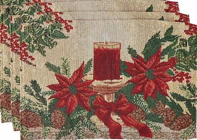 Set of 3 Tapestry Placemats,13"x19", CHRISTMAS POINSETTIA FLOWERS & CANDLE, VL - Image 1 of 4