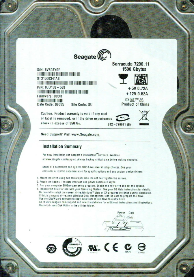 ST31500341AS,  9JU138-568,  CC3H, SU,  6VS0,  100515009  SEAGATE SATA 1.5TB  - Image 1 of 1