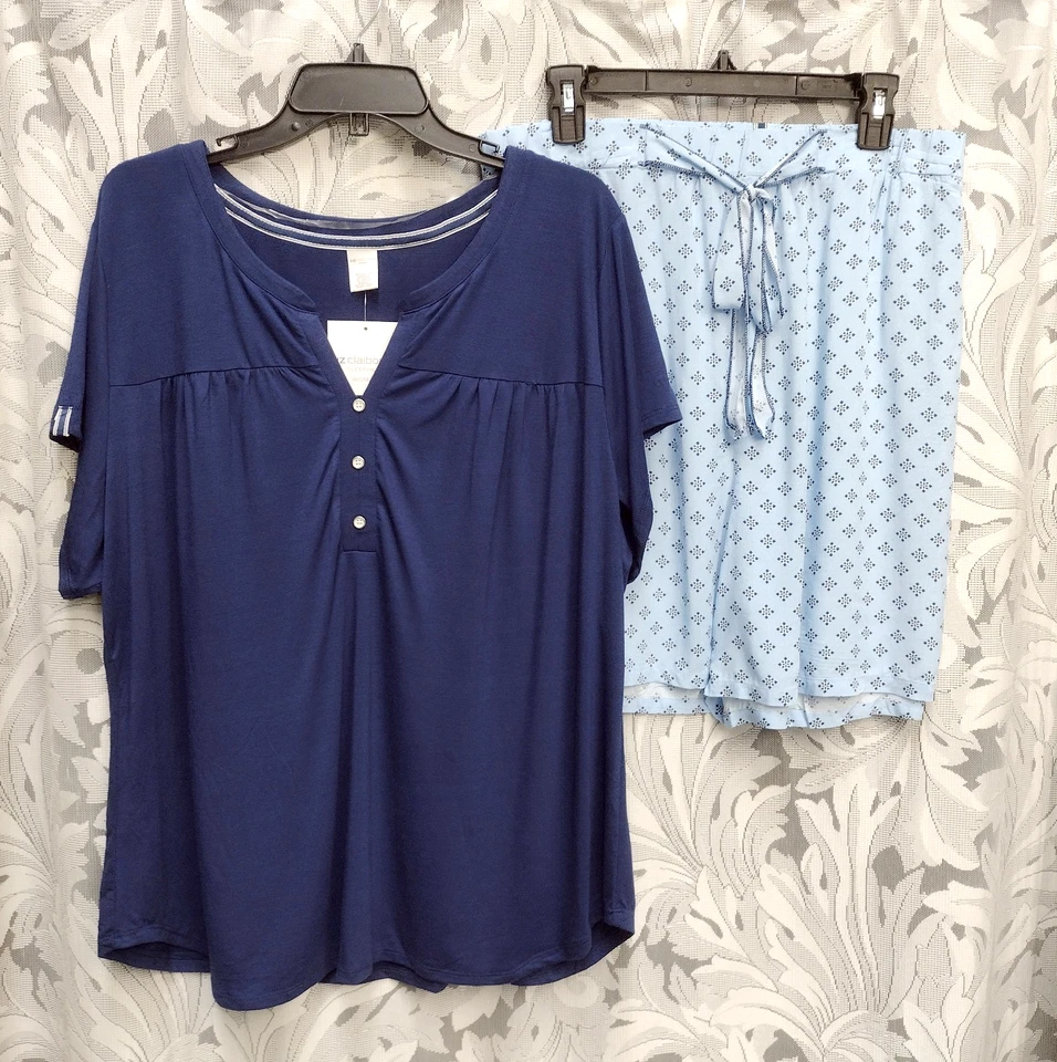 2X JUEGO DE PIJAMAS LIZ CLAIBORNE TOP DE PUNTO AZUL MARINO Y PANTALONES CORTOS TEJIDOS DELANTEROS PULL-UP Foto 1 de 4