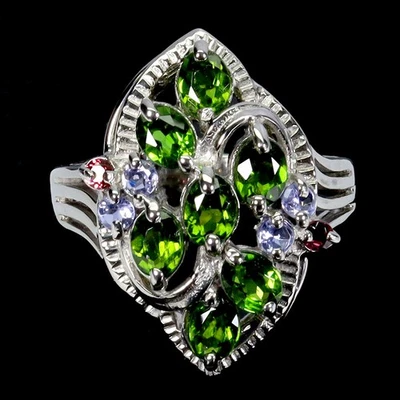 925 Sterling Silver Ring Oval Chrome Diopside 4x3mm Tanzanite Gemstone Jewelry 7 - Image 1 of 4