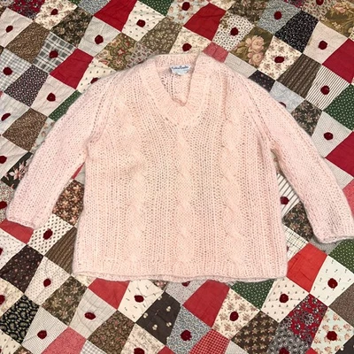 Vintage 60s Bobbie Brooks Hand Knit Pink Mohair Wool Sweater Italy Fuzzy Soft - Image 1 of 4