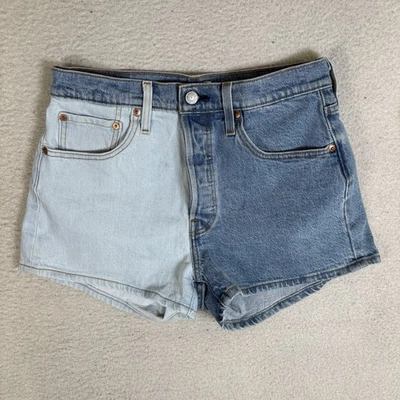 Pantalones Cortos de Jean Levis 501 para Mujer 28 Azul Dos Tonos Color Dividido Tiro Alto Botón Mosca Foto 1 de 4