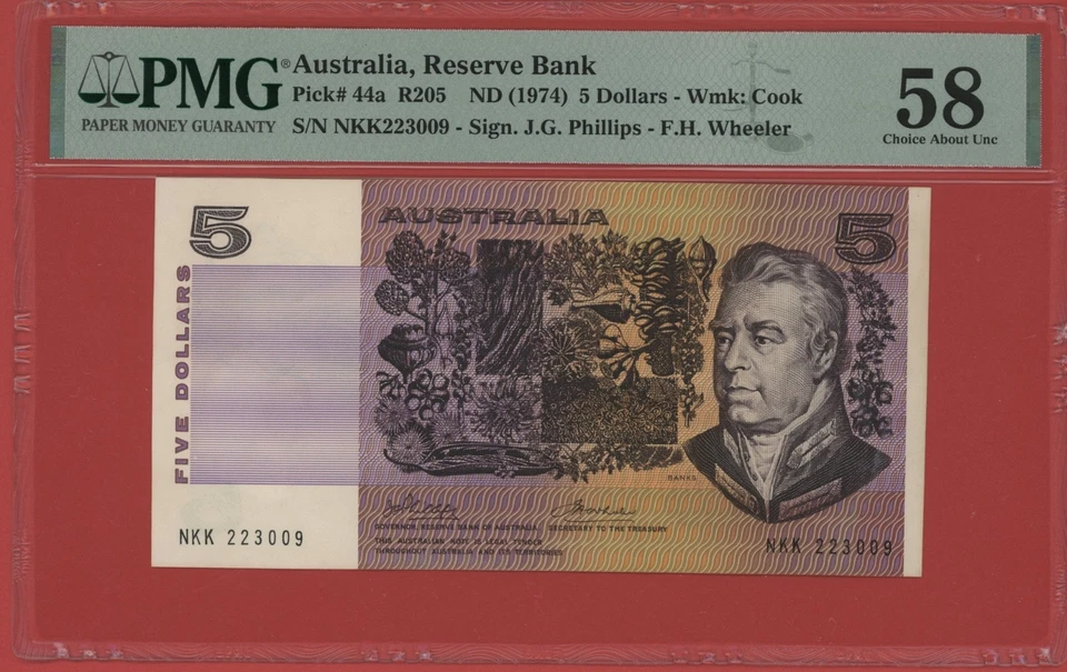 AUSTRALIA  5 DOLLARS ( 1974 )  PICK # 44a  PMG 58 CHOICE ABOUT UNC. - Image 1 of 2