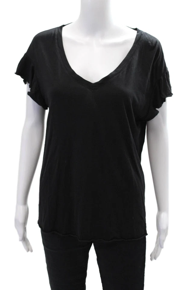 Camiseta informal Michael Stars para mujer de algodón con volantes y cuello en V negra talla única Foto 1 de 4