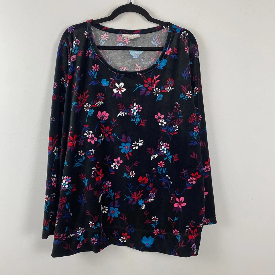 Женщина в мягкий бархат пуловер толстовка верхний размер 2 X черный цветочный длинным рукавом - Изображение 1 из 4