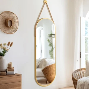 16"X48" Oval Full Length Mirror with Leather Strap Hanging Mirror with Aluminum - Picture 1 of 7