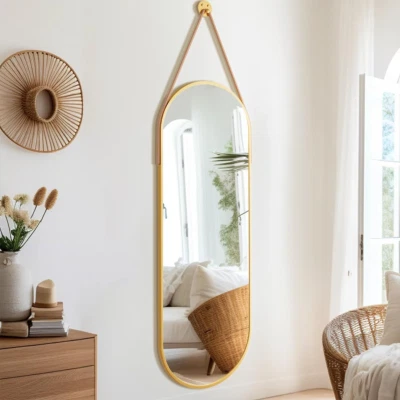 16"X48" Oval Full Length Mirror with Leather Strap Hanging Mirror with Aluminum - Image 1 of 4