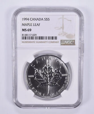 1994 Canada 5 Dollars Silver Maple Leaf MS69 NGC Brown Label - Image 1 of 4