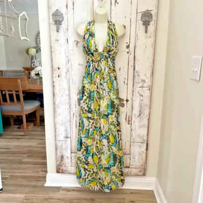 Aidan Mattox Size 14 Silk Yellow Blue Black Gold Halter Maxi Formal Prom Dress - Image 1 of 4